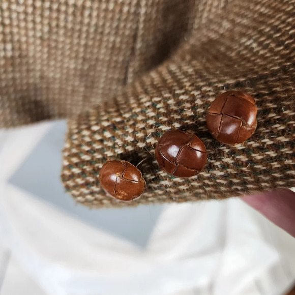 Vintage 70s Tweed Equestrian Preppy Academia Blazer Brown Cream Size 14 - Picture 10 of 16